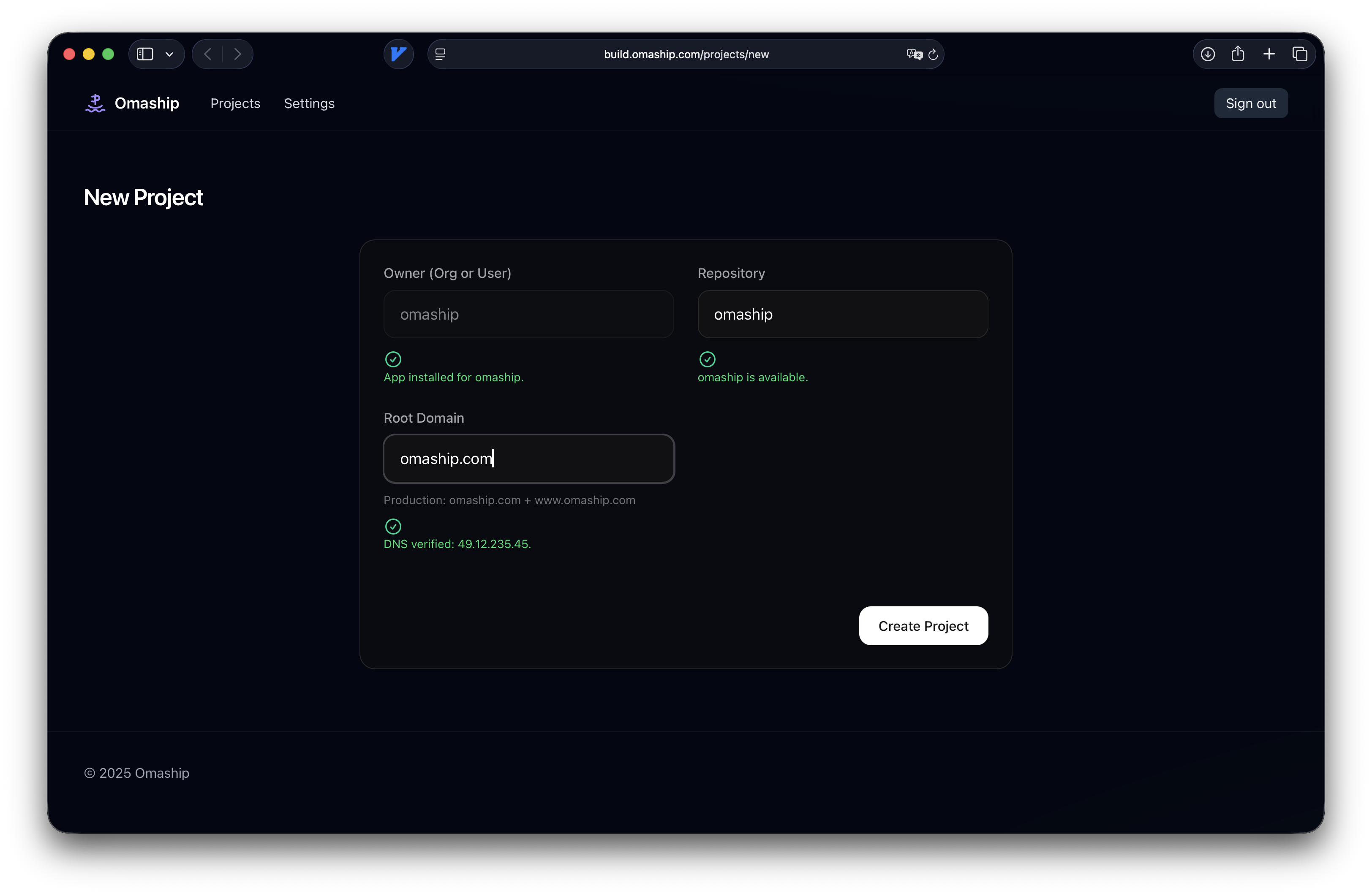 Omaship new project form showing three fields: organization, repository name, and domain